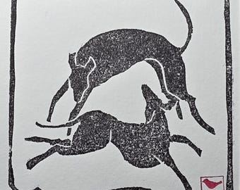 Chasing Hounds Linocut Print