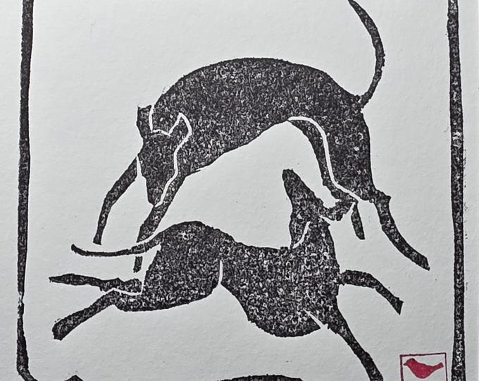 Chasing Hounds Linocut Print