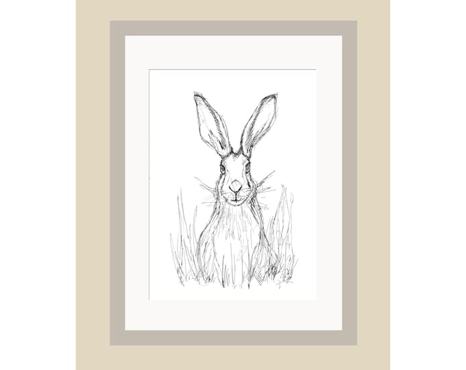 Print | 'Scruffy Hare' | Print of Original Pen Drawing | Mounted Print