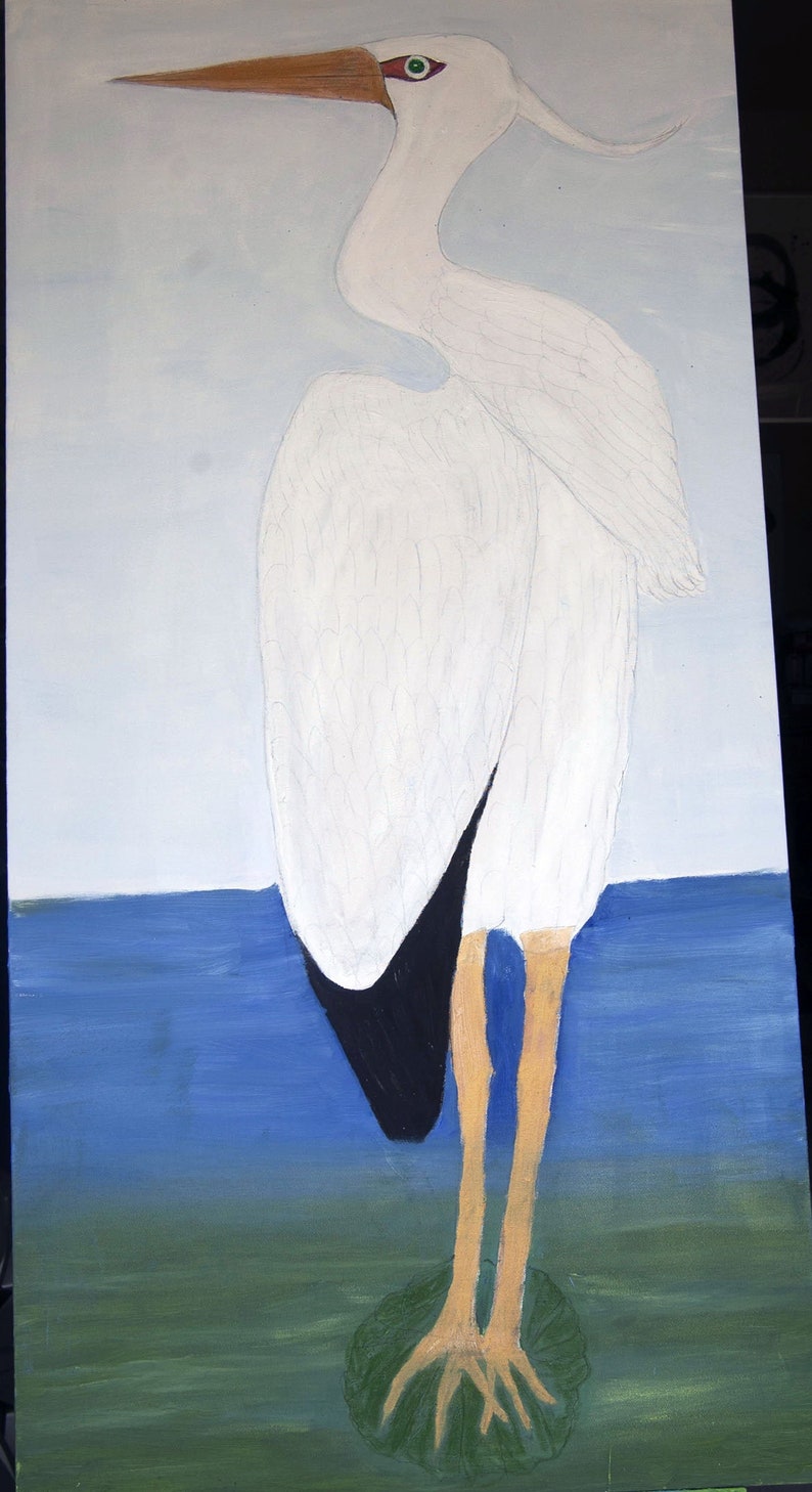 White heron, 48quot; x 24quot;, original oil, looking to the l White heron, 48quot; x 24quot;, original oil, looking to the l