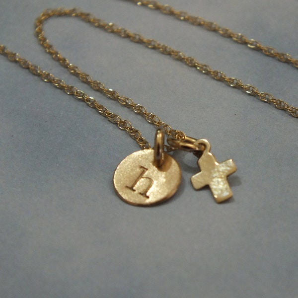 Custom Tiny Cross Necklace • 6mm Initial Charm • 14K Solid Gold