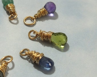 Custom Wire Wrapped Birthstone Charm • 20+ Natural Gemstones • 14K Solid Gold