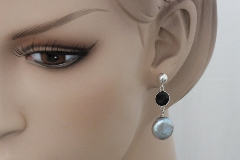 Elegant Dangle Earrings Sterling Silver Bezle Drop Earrings Gemstone Bezel Earrings Black Onyx and Pearl Bezel Drop Earrings