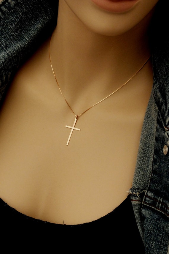 14k Rose Gold Cross Necklace Solid Rose Gold Cross Necklace Etsy