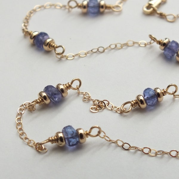 Solid 14k Gold Tanzanite By The Inch, 18" Natural Tanzanite Necklace, Tanzanite Gemstone Station Necklace, December Birthstone- Last One