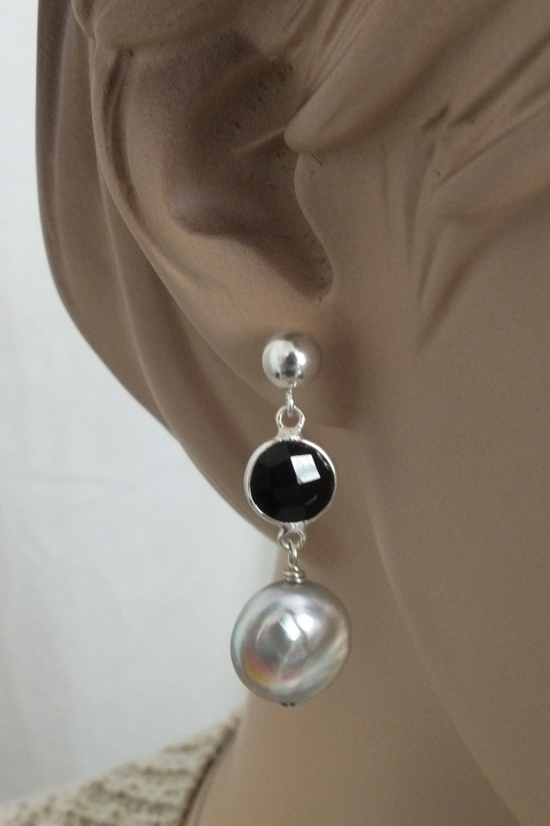 Elegant Dangle Earrings Sterling Silver Bezle Drop Earrings Gemstone Bezel Earrings Black Onyx and Pearl Bezel Drop Earrings