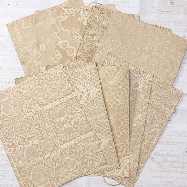 10 sheets of coffee dyed paper, VARIETY LACE PACK , no duplicates, 28 pound for journaling, ephemera and crafting