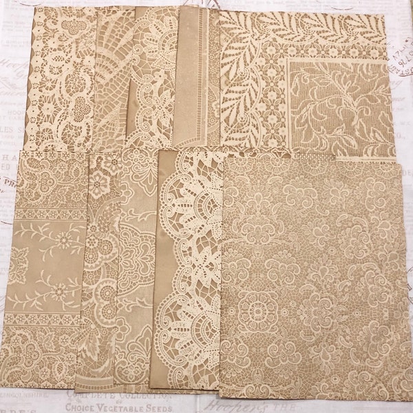 New Set #2 VARIETY LACE PACK , new designs added, 10 sheets of coffee dyed paper, 28 pound for journaling, ephemera and crafting