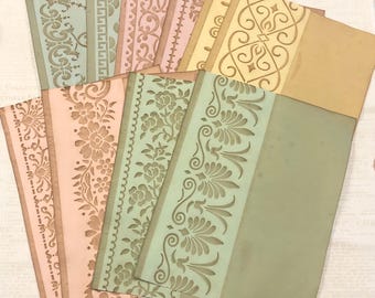 BORDURES DEMI-PAGE colorées, 10 feuilles de papier teint dans le café, journalisation, éphémères et travaux manuels, un de chacun des 10 motifs, 2 de chacun des 5 couleurs
