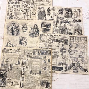May include: A collection of vintage-style Christmas-themed paper sheets. The sheets feature black and white illustrations of Santa Claus, Christmas trees, and festive text like "Merry Christmas" and "Santa Claus." The papers have a distressed, aged appearance.