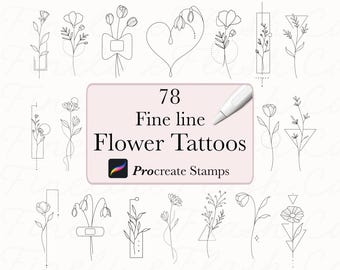 Fine Line Flower Tattoo Designs | Procreate Brushset | Floral Digital | Tattoo Stencils