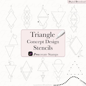 May include: A collection of geometric triangle concept design stencils in black and white. The image includes various triangle shapes, dotted lines, and the text "Triangle Concept Design Stencils" and "Procreate Stamps".