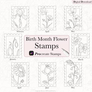 May include: A set of 10 black and white digital stamps featuring flowers for each month of the year. The stamps are designed to look like postage stamps with a decorative border. The flowers are drawn in a simple, elegant style. The text "Birth Month Flower Stamps" and "Procreate Stamps" is included in the image.