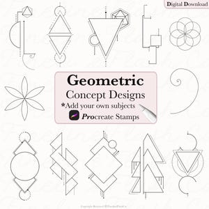 Puede incluir: Un conjunto de 12 ilustraciones de diseño geométrico en blanco y negro. Los diseños son simples y modernos, y serían perfectos para usar como sellos de Procreate. El texto "Geometric Concept Designs" y "*Add your own subjects" está incluido en la imagen.