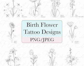 Födelseblomma-tatueringsdesigner | Fineline-schabloner (digital nedladdning av PNG/JPEG)