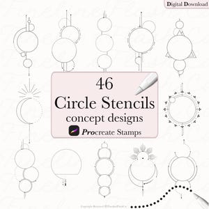 Peut inclure: Un ensemble de 46 pochoirs circulaires noirs et blancs à utiliser avec l'application Procreate. Les pochoirs présentent des motifs géométriques avec des cercles, des lignes et des points.
