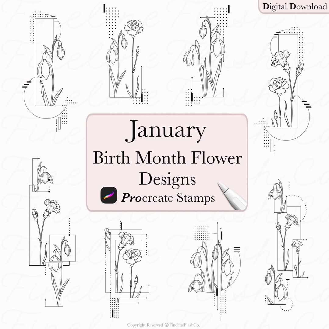 Birth Flowers Procreate | Fine Line Tattoo Design | Procreate Stamps ...