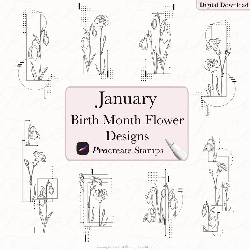 Birth Flowers Procreate | Fine Line Tattoo Design | Procreate Stamps ...