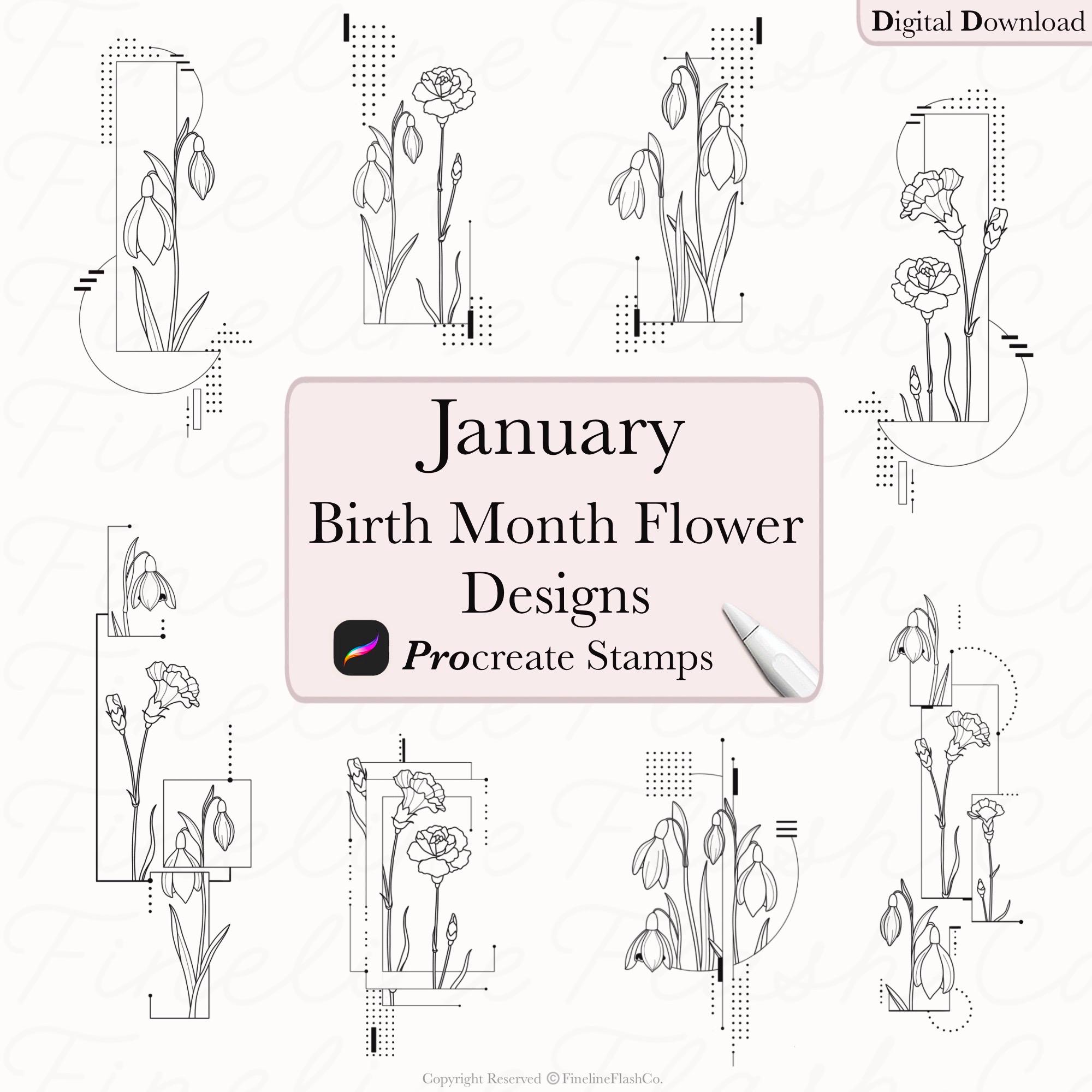 Birth Flowers Procreate | Fine Line Tattoo Design | Procreate Stamps ...