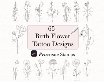 65 tatueringsdesigner för födelseblomma | Fineline Procreate-stämplar (digital nedladdning)
