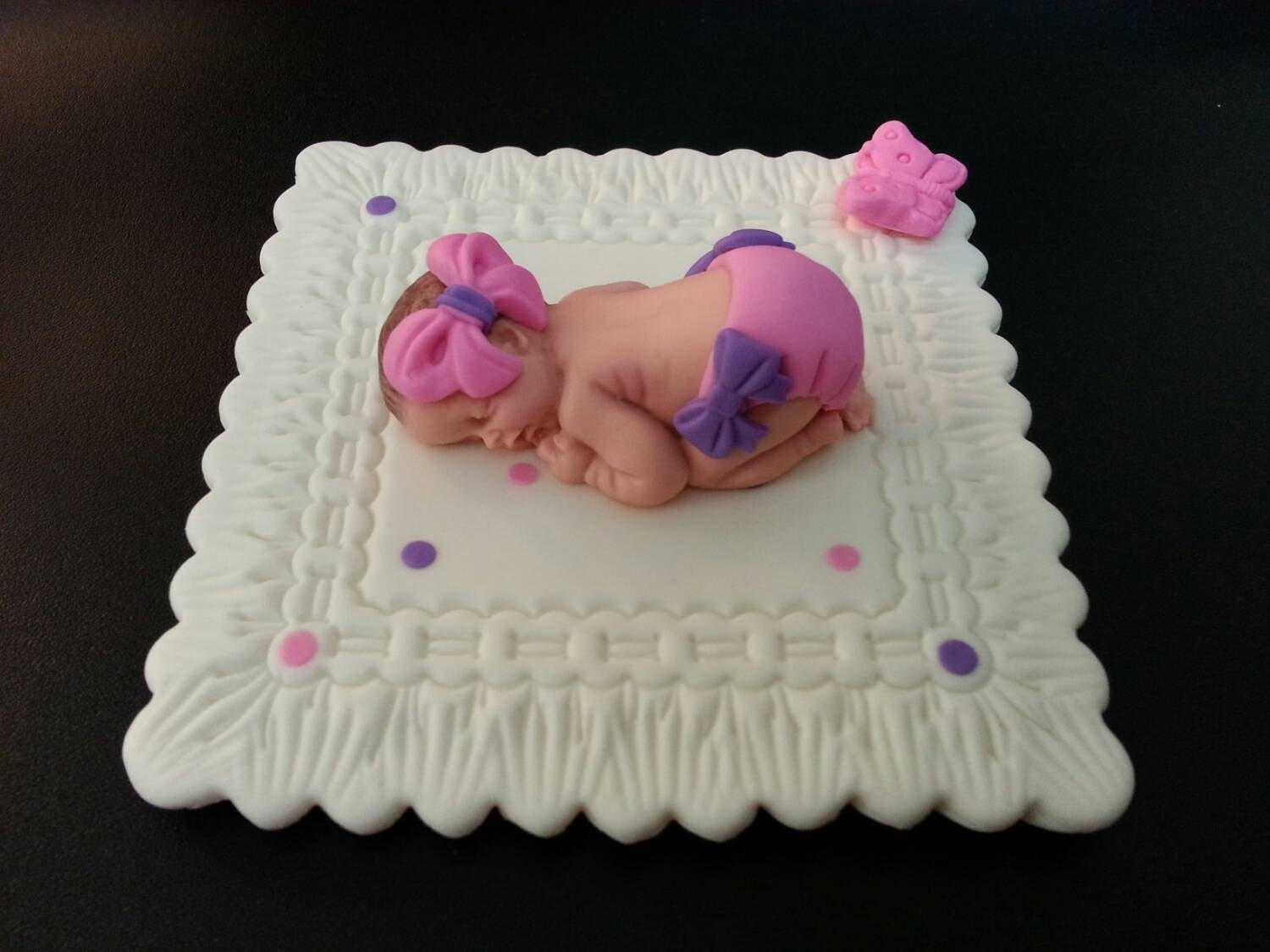 Fondant baby girl on white blanket cake topper for Baby Etsy