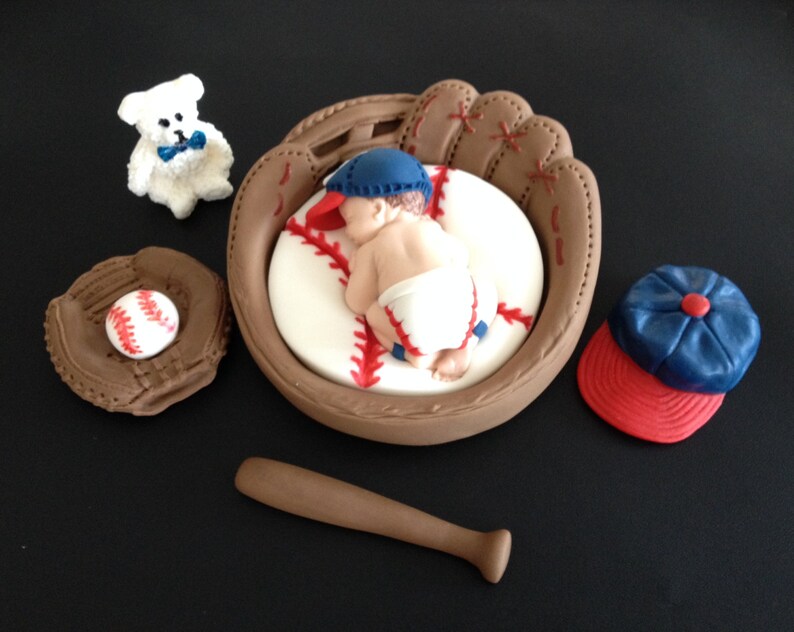 Fondant Baby Boy Baseball Inside A 3d Glove Cake Topper In Atlanta Braves Colors And Logo Baby Shower Birthday