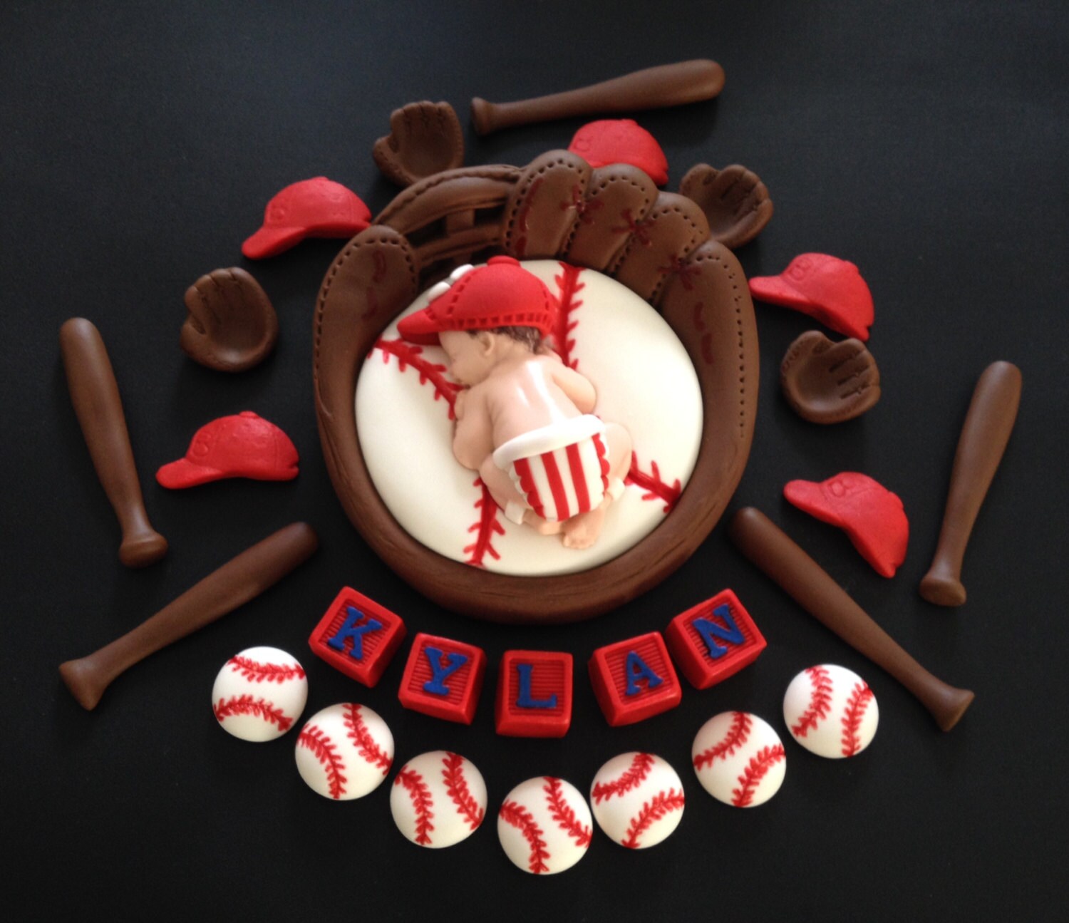 Fondant baby baseball inside a 3D glove cake topper in Etsy