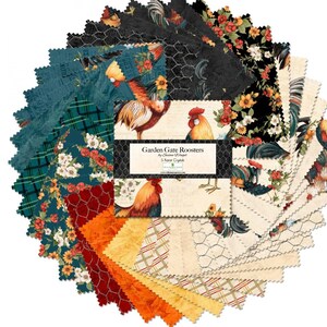 May include: A pack of 5-inch fabric squares featuring a rooster theme. The fabric squares are in various patterns, including plaid, floral, and chicken wire. The pack is called "Garden Gate Roosters" by  Studio E Fabrics.