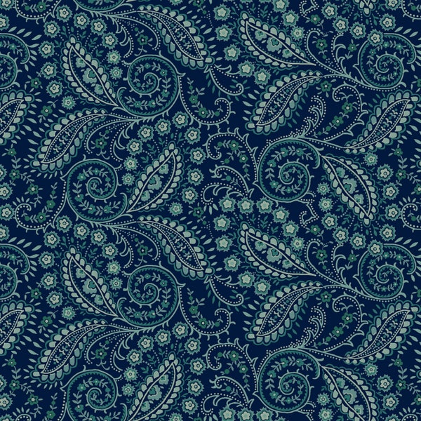 Quiet Grace Navy Swirled Paisley 934-77- Henry Glass - by Kim Diehl - 100% Cotton