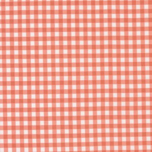 May include: Close-up of a fabric with a classic gingham pattern. The design features a repeating grid of white and coral-orange squares, creating a checkered effect. This textile is suitable for various craft and sewing projects.