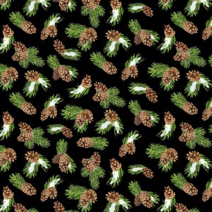 Cardinal Cozy - Black Pinecone Toss Christmas 33893-972 - 1/4 Yard Price cut continuous - Wilmington Prints - by Nancy Mink - 100% Cotton
