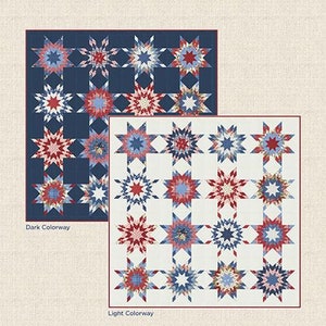 May include: A quilting pattern called "Ellen's Sewing Basket" by Minick & Simpson. The pattern features a quilt with a dark blue background and a light background with red, white, and blue stars. The finished quilt size is 88 inches by 88 inches.
