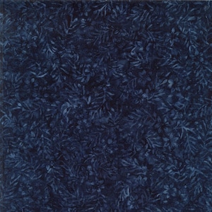 May include: A dark navy blue fabric featuring a tonal batik-style pattern of dense, overlapping leaves and small flowers. The design uses subtle variations in shade to create depth, resulting in a textured, monochromatic botanical appearance.