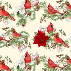 Cardinal Cozy - Cream Cardinals All Over Christmas 33890-137 - 1/4 Yard Price cut continuous - Wilmington Prints -by Nancy Mink -100% Cotton