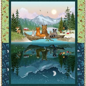 May include: A rectangular fabric panel featuring a dual-scene illustration of forest animals sitting on a log. The top half shows a daytime mountain landscape with a sun, while the bottom half shows a mirrored nighttime scene with a crescent moon.