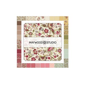 May include: A fabric swatch with a floral pattern in shades of red, green, and cream, surrounded by smaller fabric squares in coordinating patterns. The text "MAYWOOD STUDIO" is displayed on the swatch.