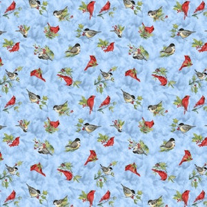 Snowman Fabric - Frosty Frolic - Susan Winget - 1/4 Yard Price cut continuous  - Blue Bird Toss 39857-439 - Wilmington Prints