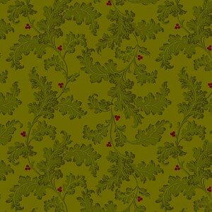 May include: A seamless pattern featuring a repeating design of green leafy branches with red berries on a solid olive green background.