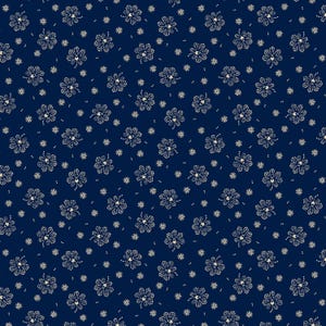 May include: A dark navy blue fabric featuring a repeating pattern of small, off-white floral motifs composed of tiny dots. The design includes larger five-petaled flower shapes interspersed with smaller, star-like dot clusters across the surface.