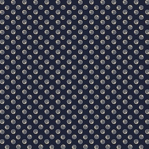May include: A dark navy blue fabric featuring a repeating pattern of small, off-white circles. Each circle contains a series of thin, horizontal lines and a small, solid off-white dot positioned within the striped circular design.