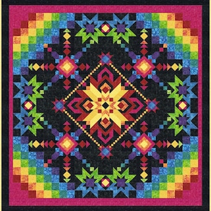 May include: A square quilt featuring a central yellow and red star motif surrounded by smaller blue, green, and purple star patterns on a black background. The border consists of a multi-colored pixelated square pattern and a solid magenta frame.