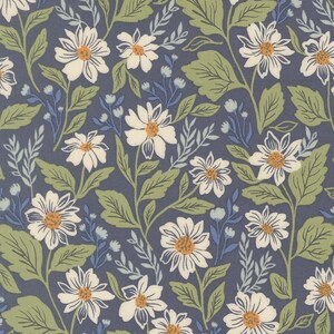 May include: A fabric pattern featuring white daisy-like flowers with yellow centers, light green leaves, and small blue buds arranged on a dark slate blue background. The repeating botanical design covers the entire surface with stems and foliage.