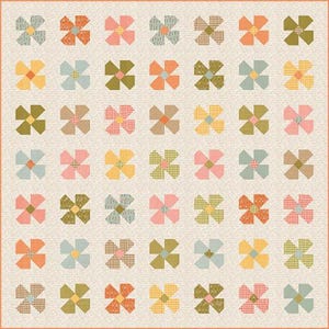May include: A patchwork quilt featuring a repeating floral pattern. The flowers are in shades of orange, pink, yellow, green, and blue, set against a cream background. The quilt has a light orange border.