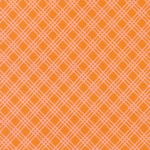 May include: Orange fabric with a plaid pattern. The design features a grid of intersecting light orange lines over a solid orange background. The fabric has a textured appearance.