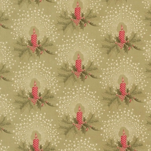 May include: A sage green fabric featuring a repeating pattern of red striped candles, each nestled within green pine boughs and holly berries, surrounded by a radiating burst of white starburst lines and small white stars across the surface.