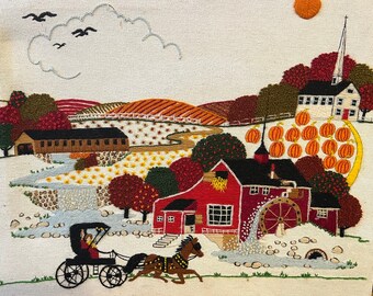 Large Crewel embroidery horse and buggy farm life, barn, pumpkin patch, amish, water wheel, covered bridge rural, chapel, hay barn