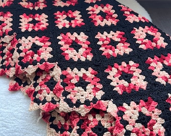 Granny Square black bright pinks reds and peaches  vintage afghan / lap blanket/ throw.