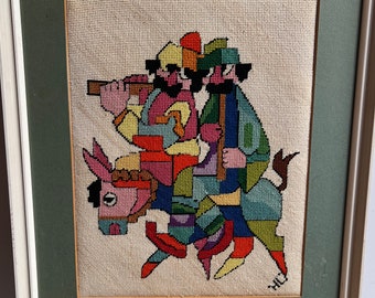 Framed and matted needlepoint. Mexican. Cubist. 2 men in a donkey.  crewel embroidery on linen cotton. Colorful. Abstract.