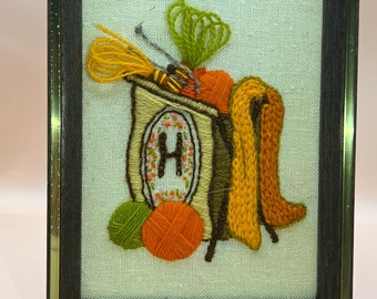 Knitting Basket - H. Vintage Framed Crewel Work Framed Embroidered Artwork