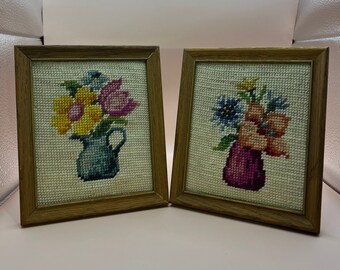 Pair of floral bouquet- Vintage Framed Crewel Work Framed Embroidered Artwork